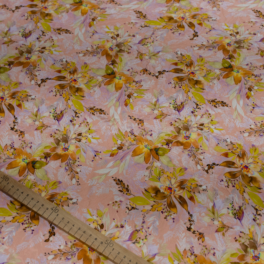 Silk Jacquard - Floral - Yellow Flowers on Rose Pink