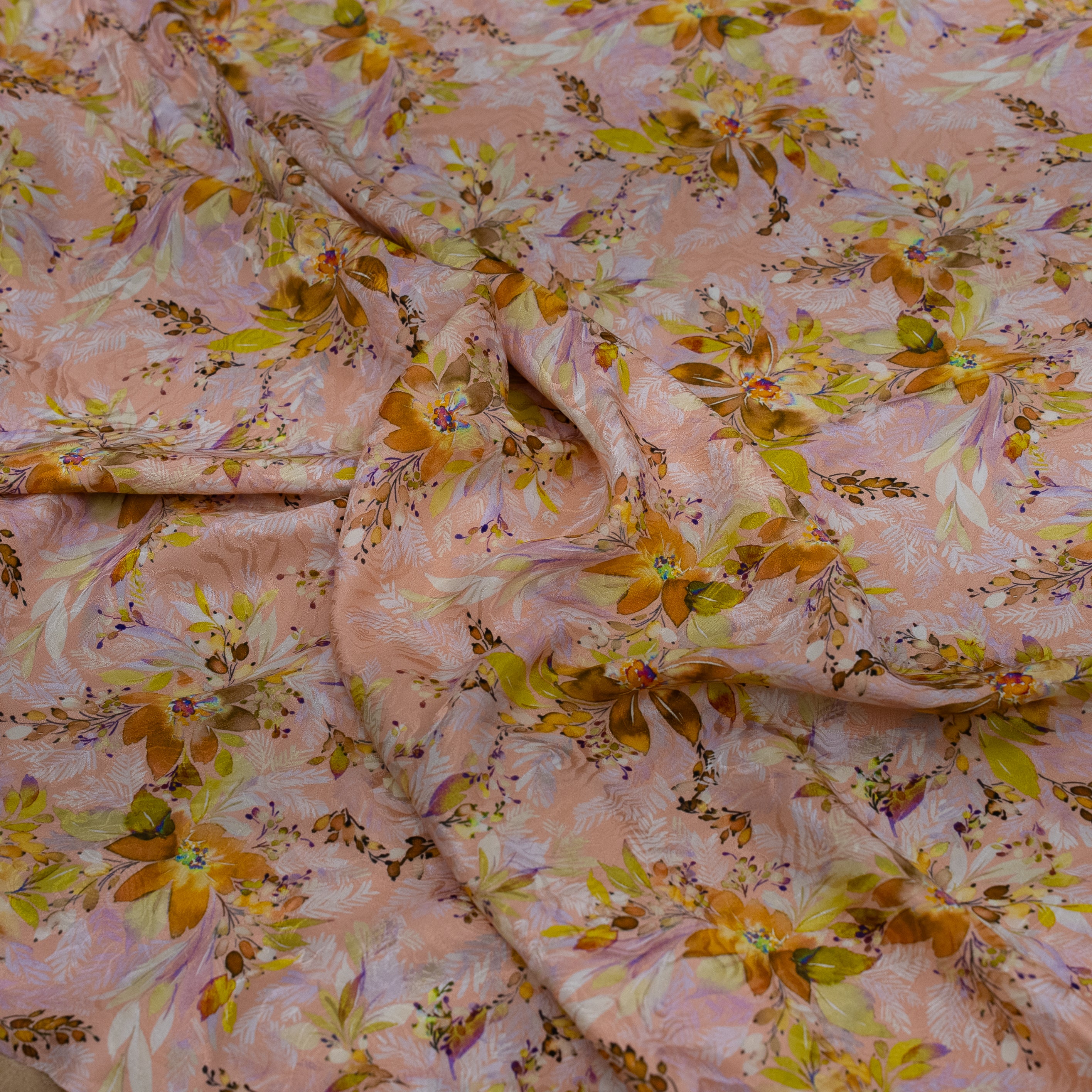 Silk Jacquard - Floral - Yellow Flowers on Rose Pink