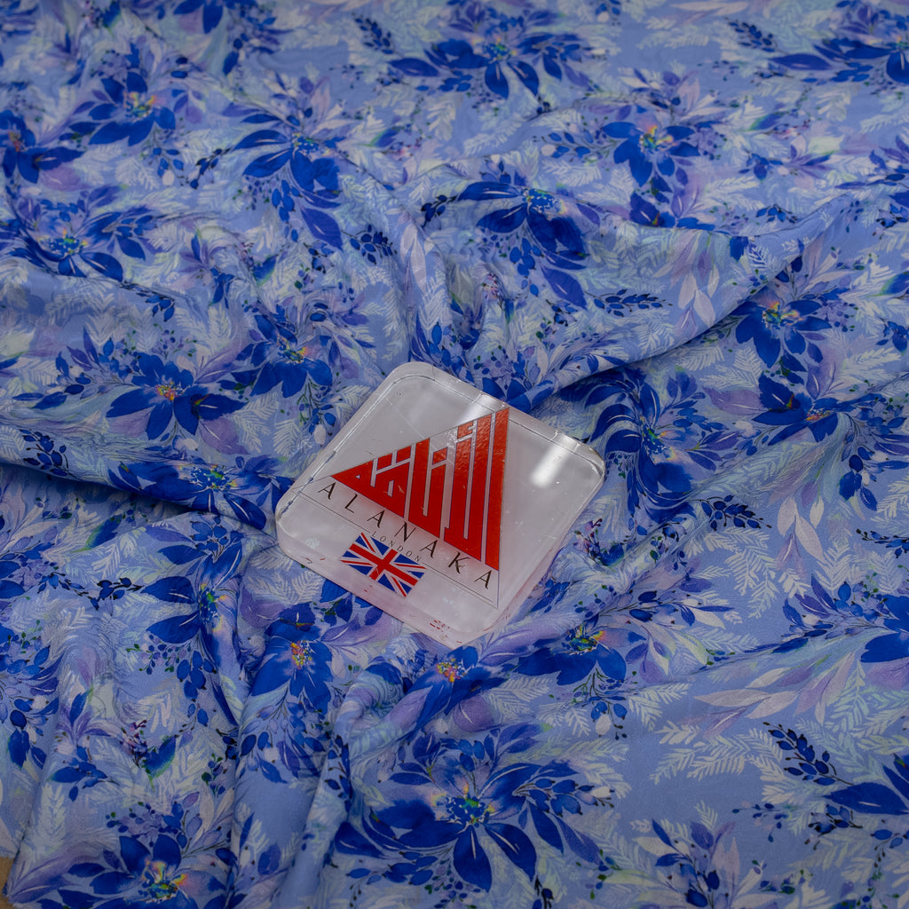 Silk Jacquard - Floral - Blue Flowers on Cornflower Blue