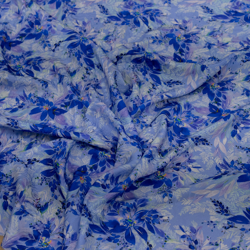 Silk Jacquard - Floral - Blue Flowers on Cornflower Blue