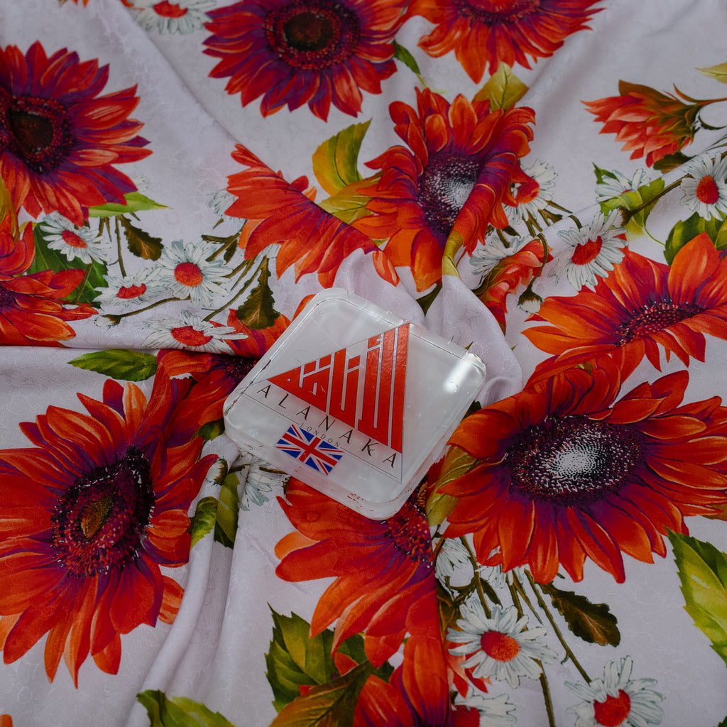 Silk Jacquard - Floral - Big Red Sunflowers on White