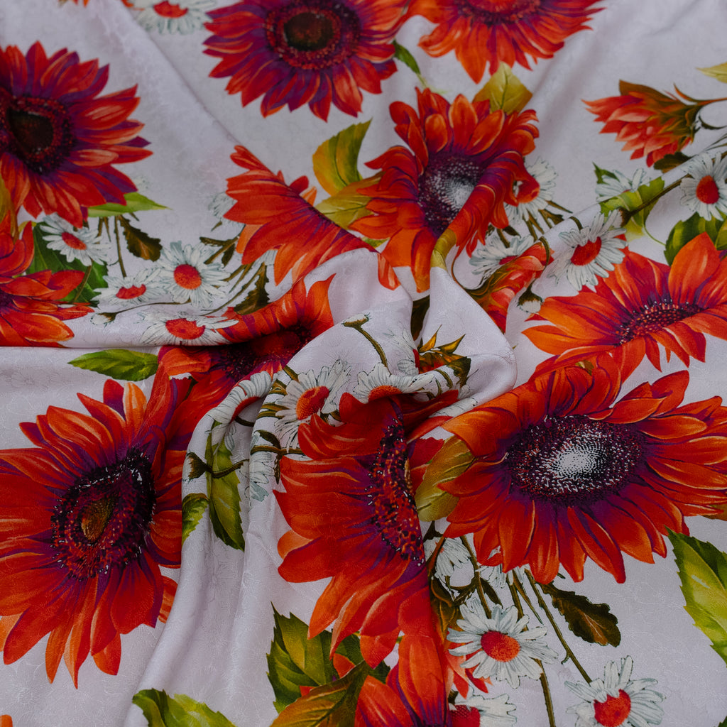 Silk Jacquard - Floral - Big Red Sunflowers on White