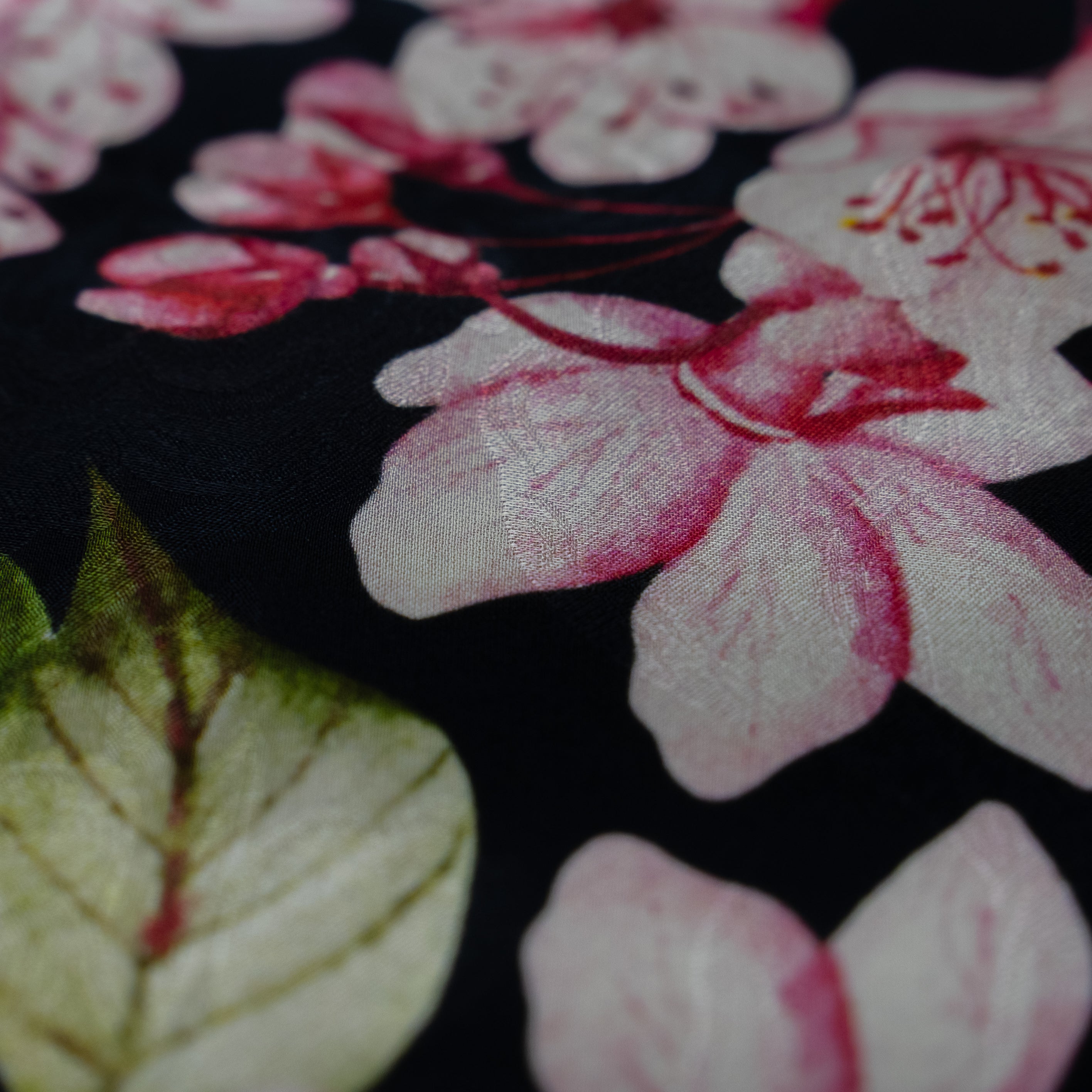 Silk Jacquard - Floral - Pink Apple-blossom Flowers on Black