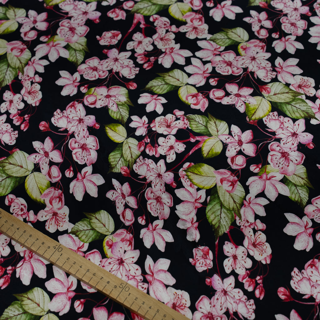 Silk Jacquard - Floral - Pink Apple-blossom Flowers on Black