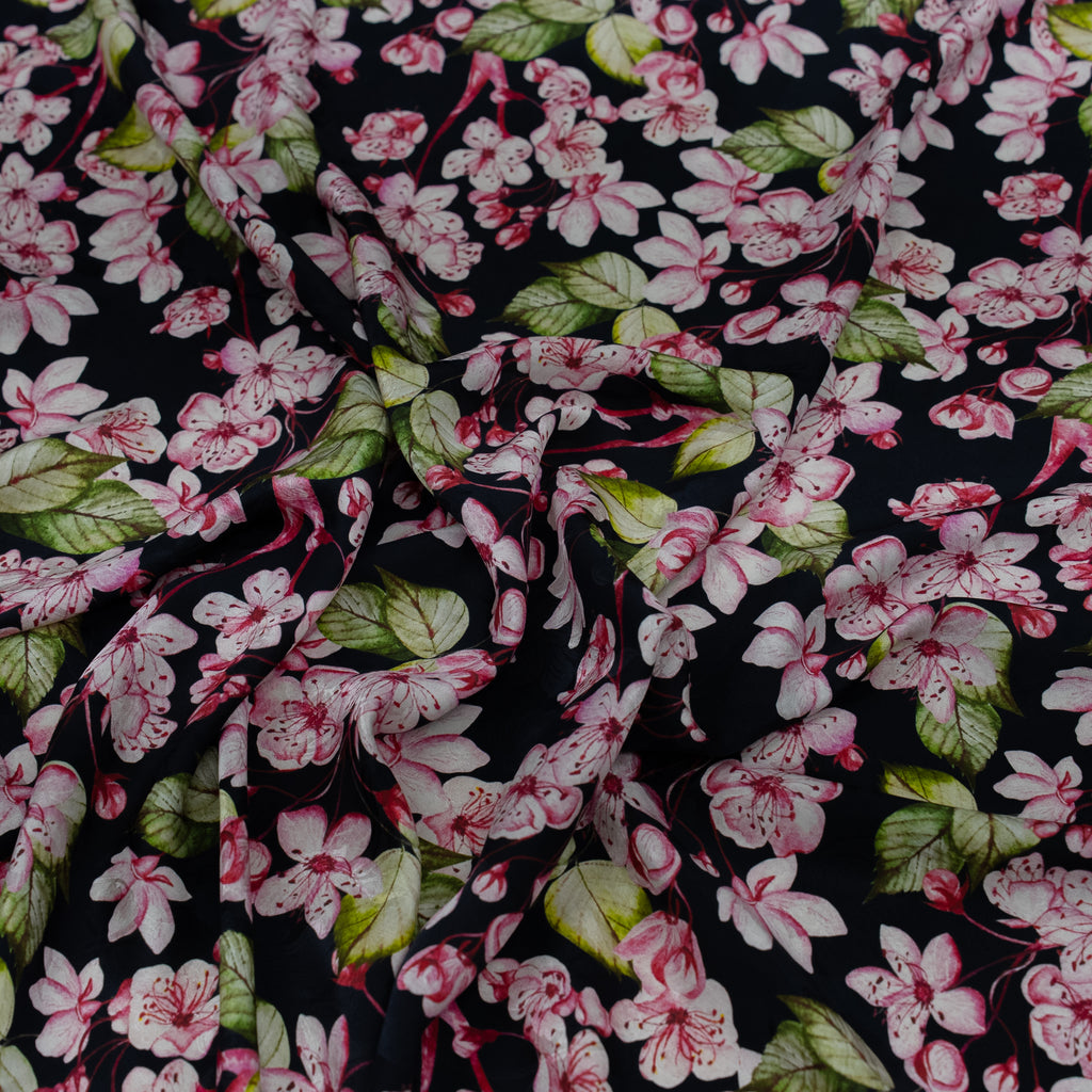 Silk Jacquard - Floral - Pink Apple-blossom Flowers on Black