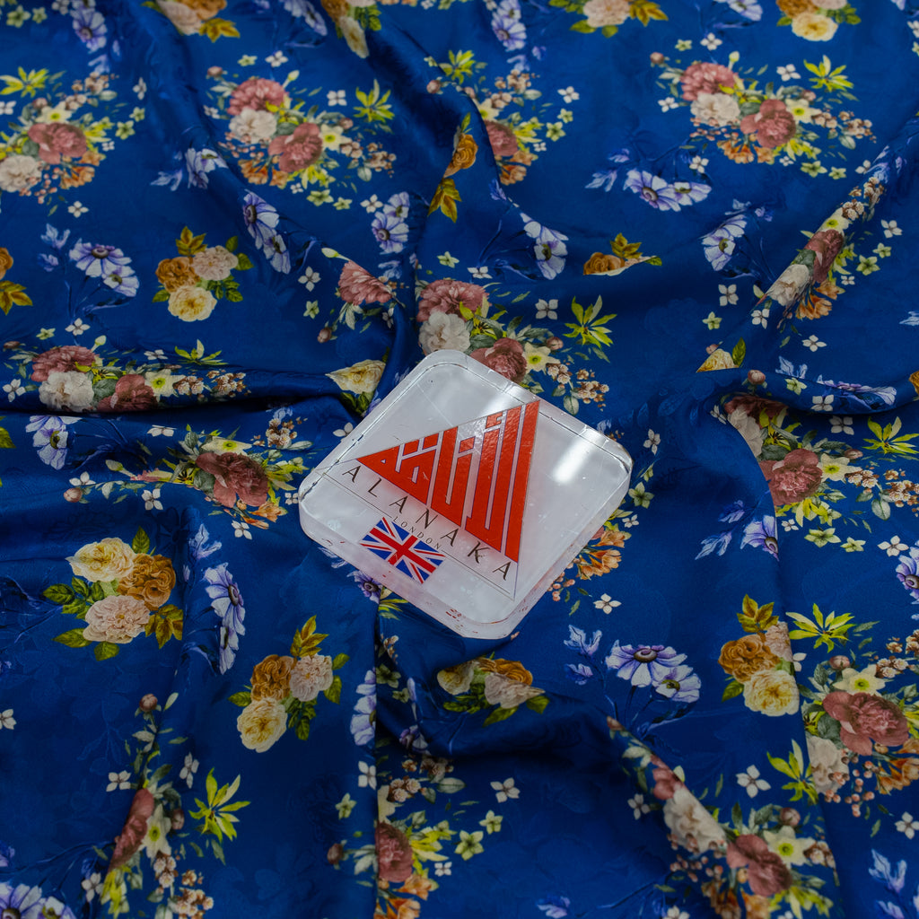 Silk Jacquard - Floral - Multicolour Flowers on Blue