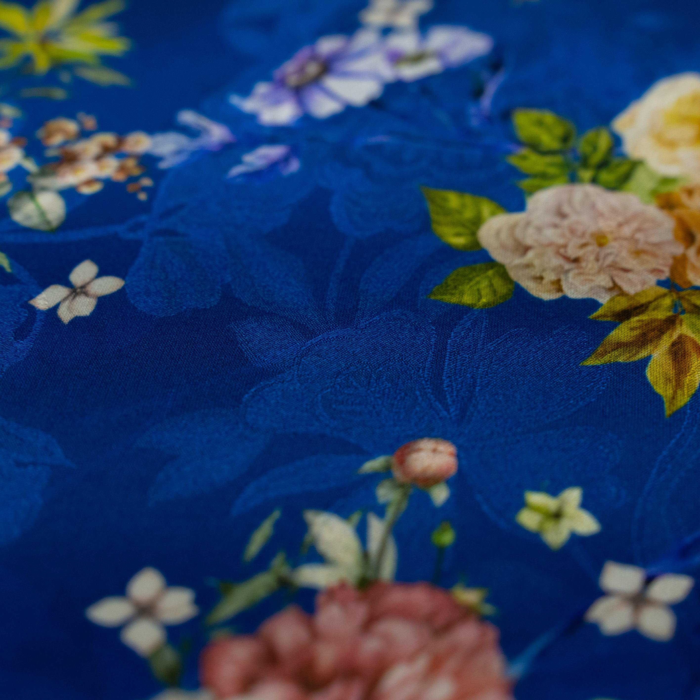Silk Jacquard - Floral - Multicolour Flowers on Blue
