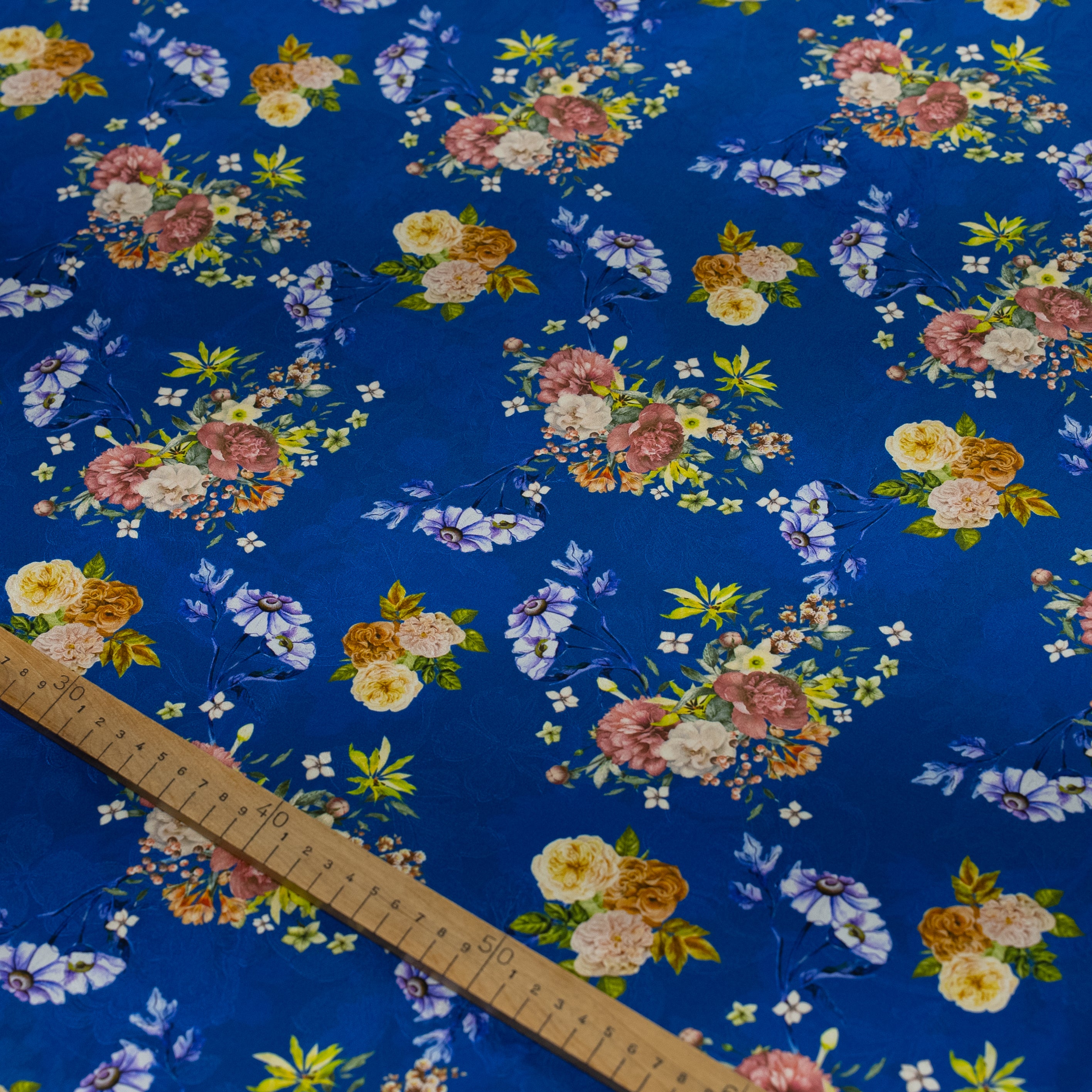 Silk Jacquard - Floral - Multicolour Flowers on Blue
