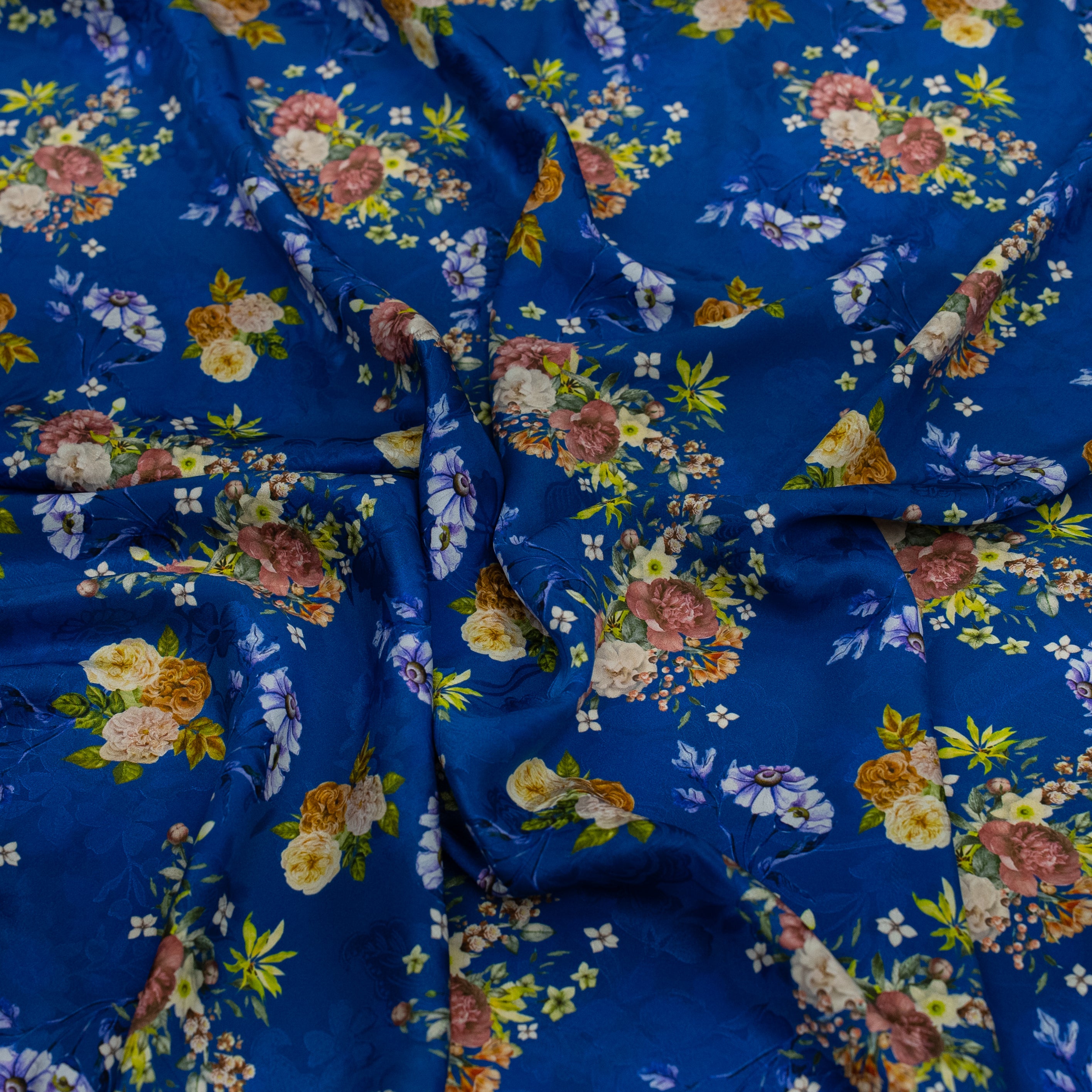 Silk Jacquard - Floral - Multicolour Flowers on Blue