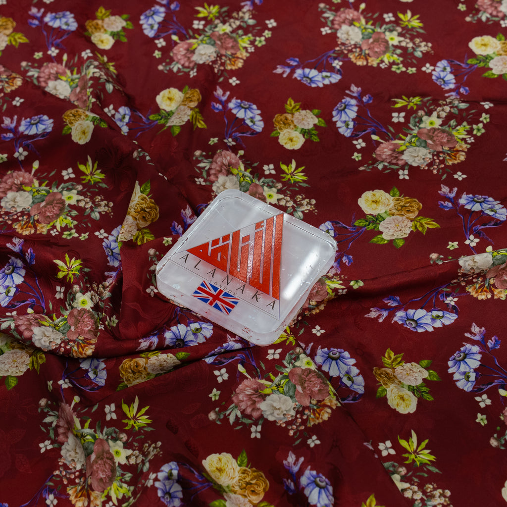 Silk Jacquard - Floral - Multicolour Flowers on Red