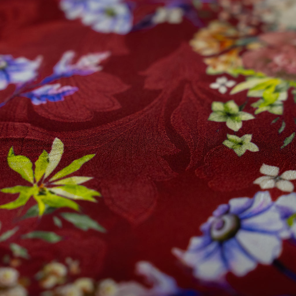 Silk Jacquard - Floral - Multicolour Flowers on Red