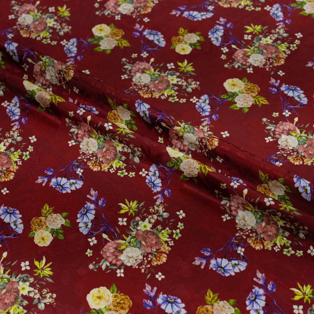 Floral design flowers on red silk jacquard material