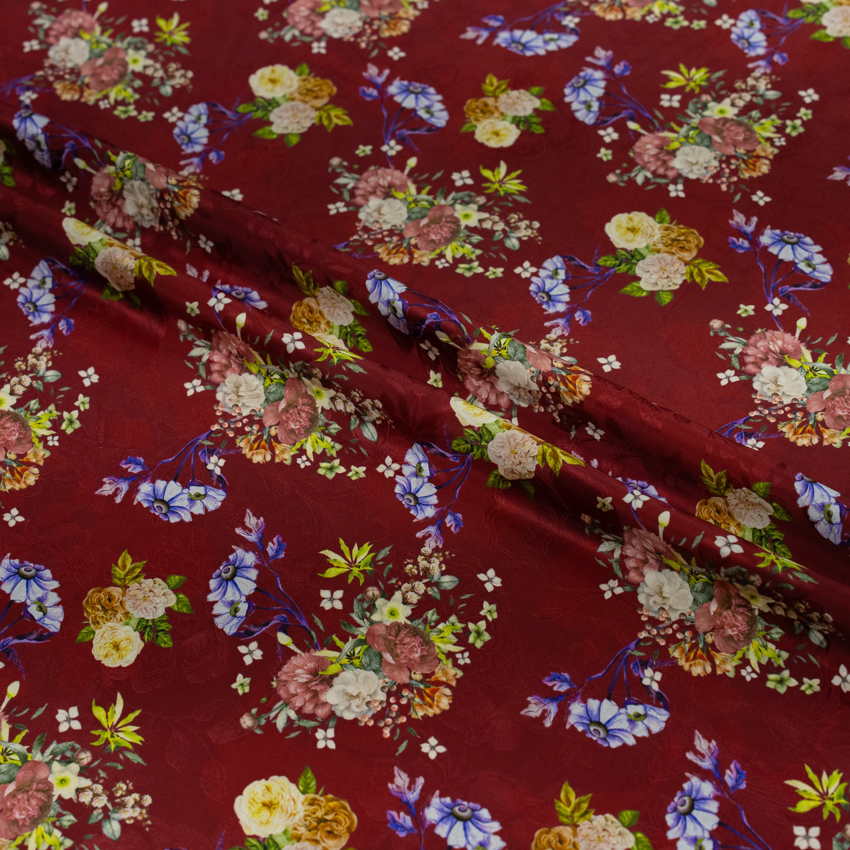 Floral design flowers on red silk jacquard material