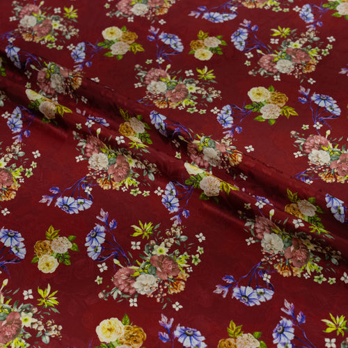 Floral design flowers on red silk jacquard material