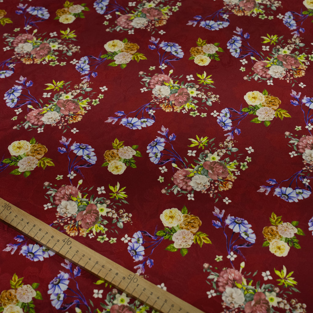 Silk Jacquard - Floral - Multicolour Flowers on Red