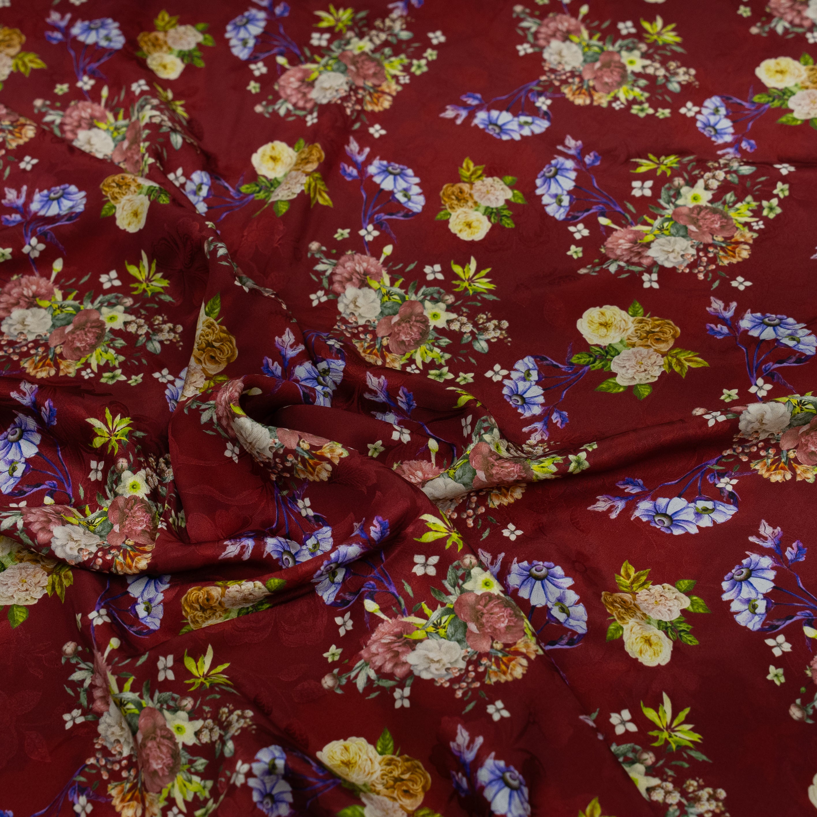 Silk Jacquard - Floral - Multicolour Flowers on Red