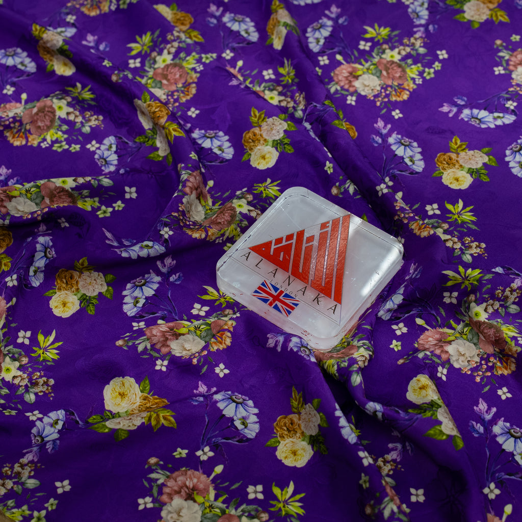 Silk Jacquard - Floral - Multicolour Flowers on Purple