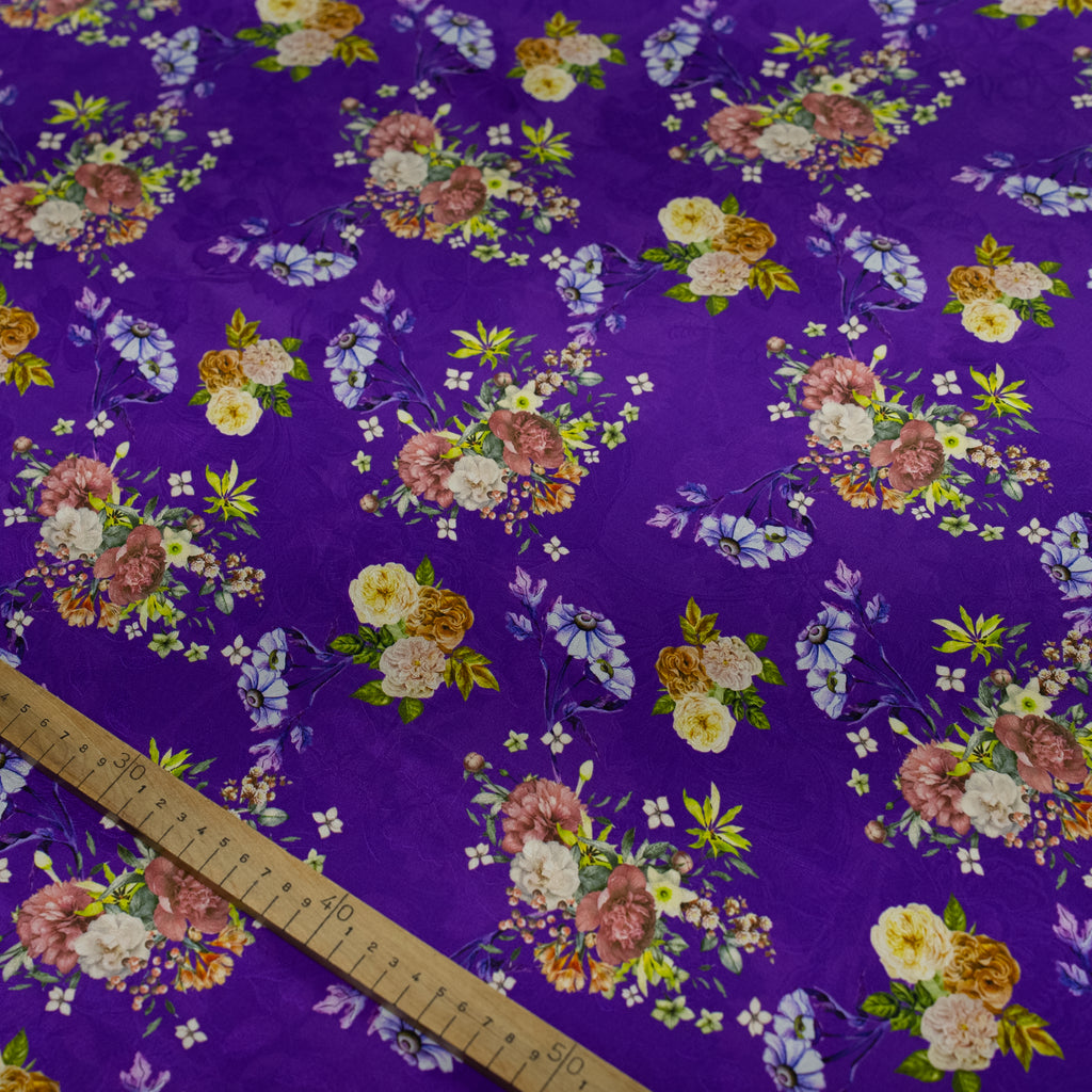 Silk Jacquard - Floral - Multicolour Flowers on Purple
