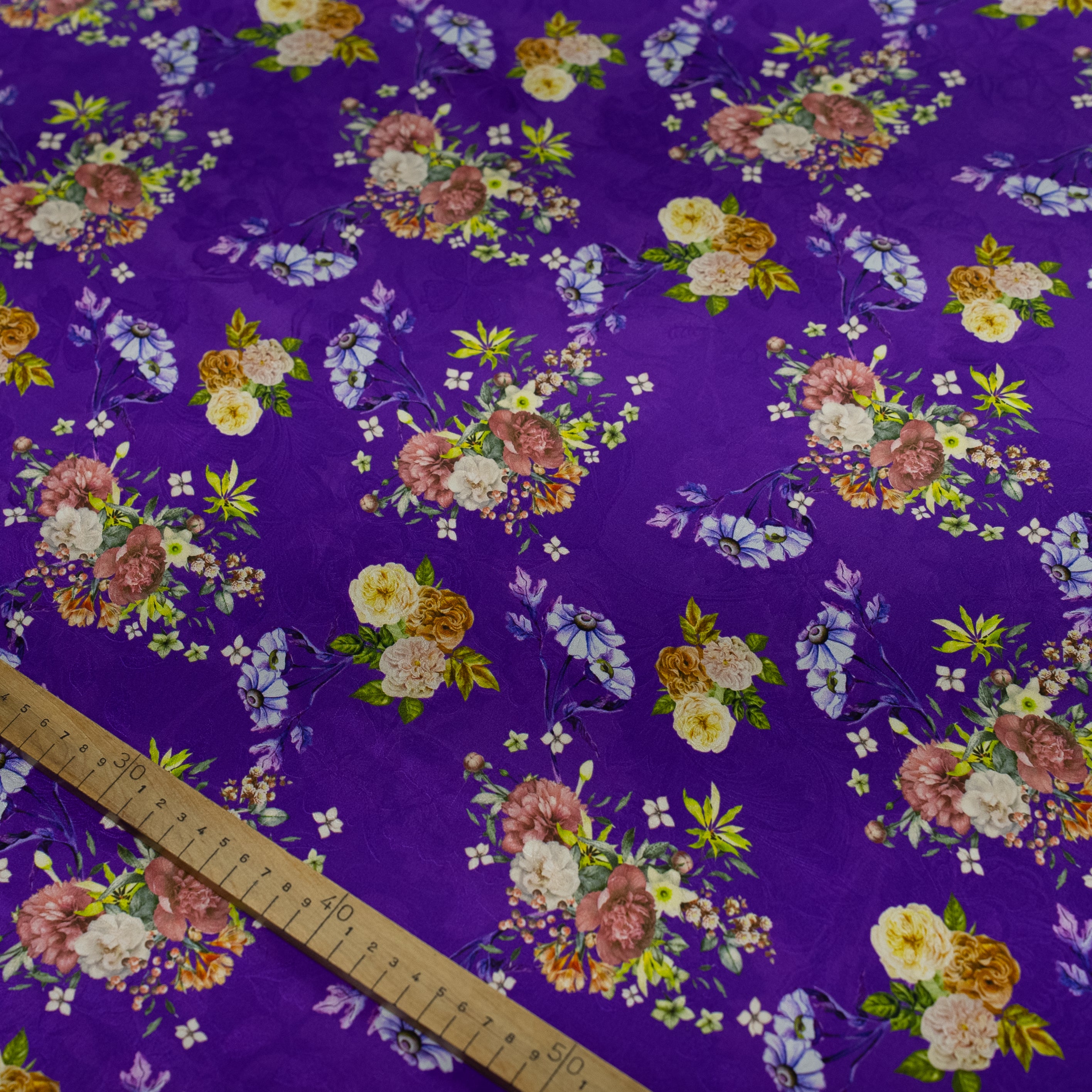 Silk Jacquard - Floral - Multicolour Flowers on Purple