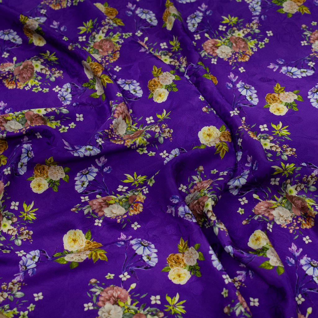 Silk Jacquard - Floral - Multicolour Flowers on Purple