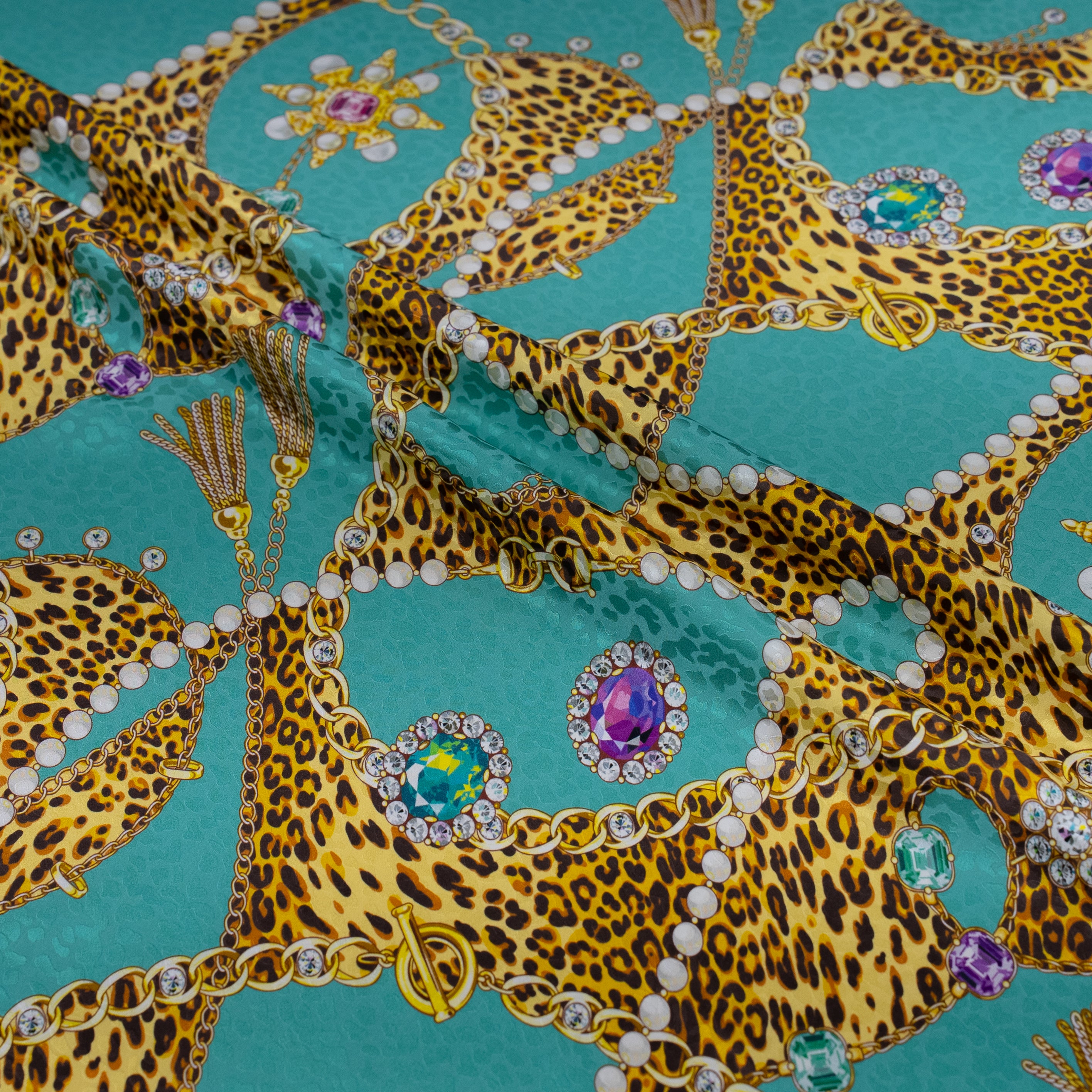 Silk Jacquard - Jewels - Bracelets on Leopard Print & Turquoise