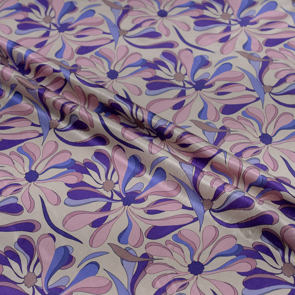 Silk Jacquard - Floral - Pink/Purple/Blue Graphic Daisy Wheels on Pink