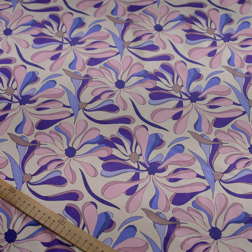 Silk Jacquard - Floral - Pink/Purple/Blue Graphic Daisy Wheels on Pink