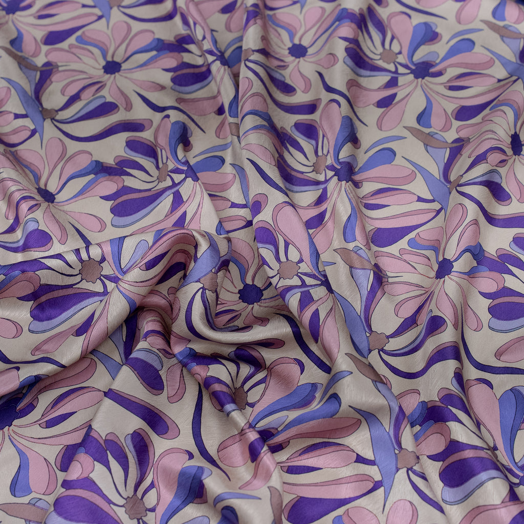 Silk Jacquard - Floral - Pink/Purple/Blue Graphic Daisy Wheels on Pink
