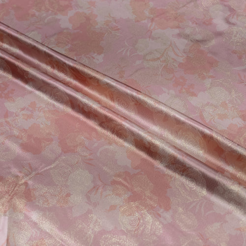 Close-up of pink floral fabric with a shiny texture