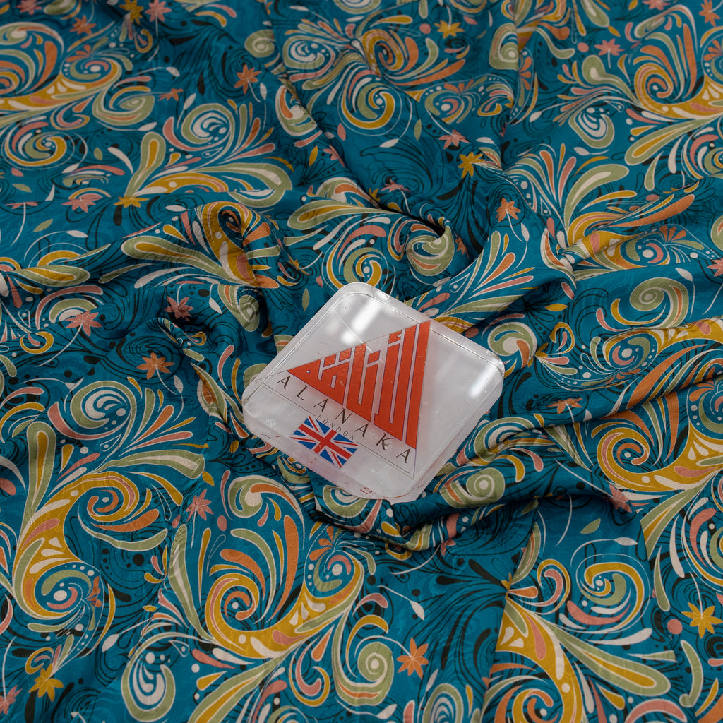 Silk Jacquard - Geometric - Orange Swirl on Peacock Blue