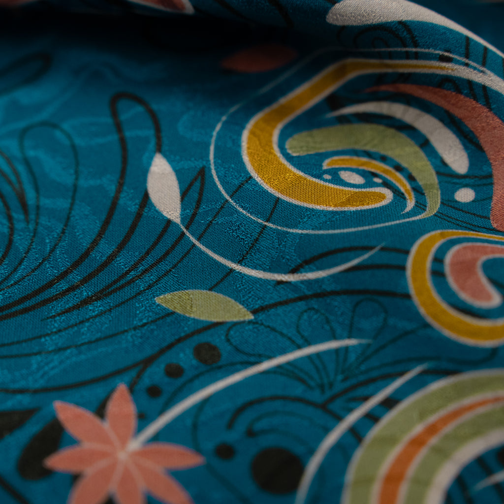 Silk Jacquard - Geometric - Orange Swirl on Peacock Blue