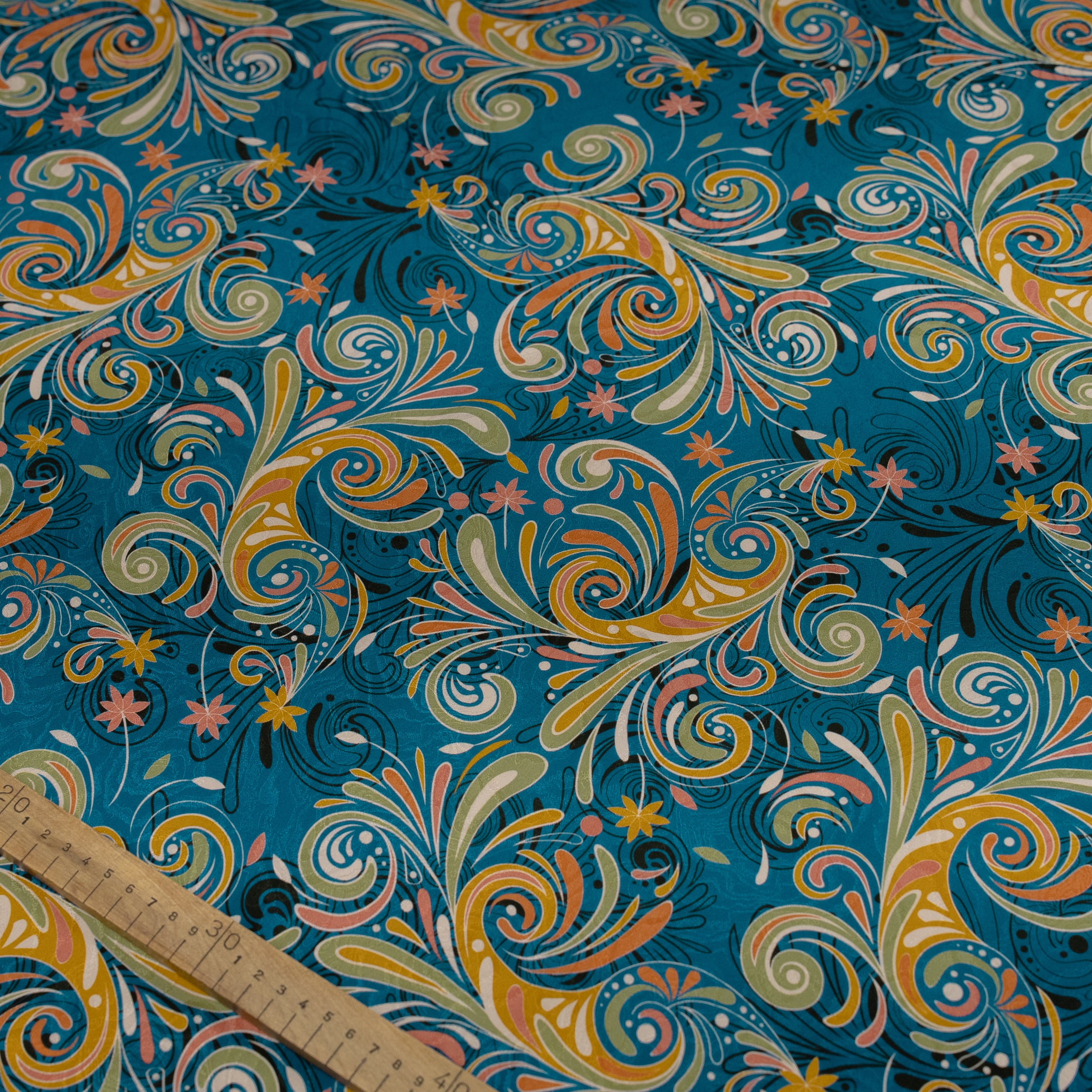 Silk Jacquard - Geometric - Orange Swirl on Peacock Blue