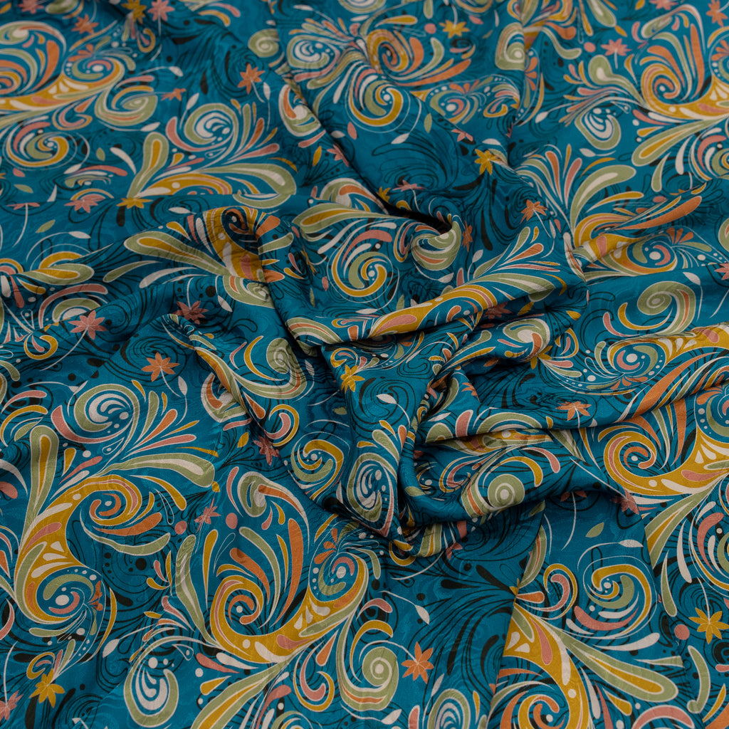 Silk Jacquard - Geometric - Orange Swirl on Peacock Blue