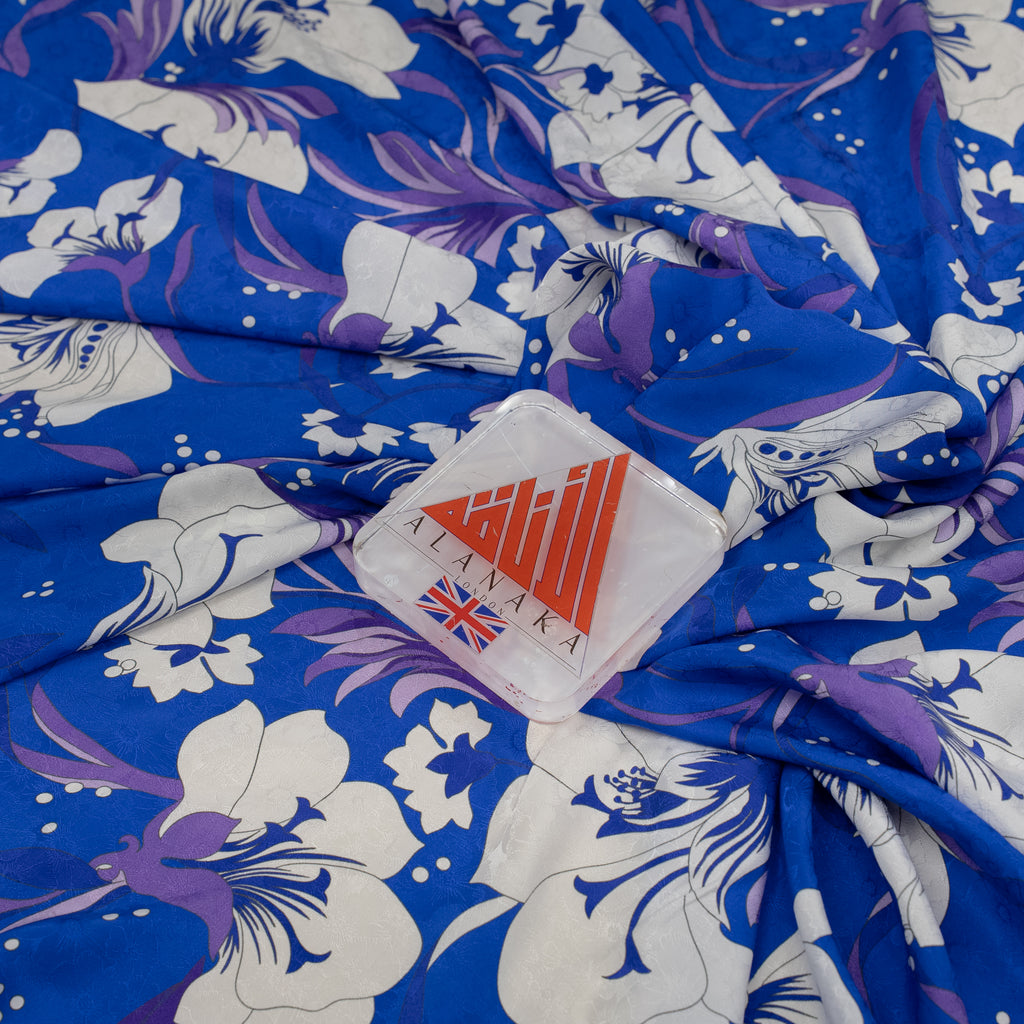 Silk Jacquard - Floral - White Nouveau-inspired Flowers on Cobalt Blue