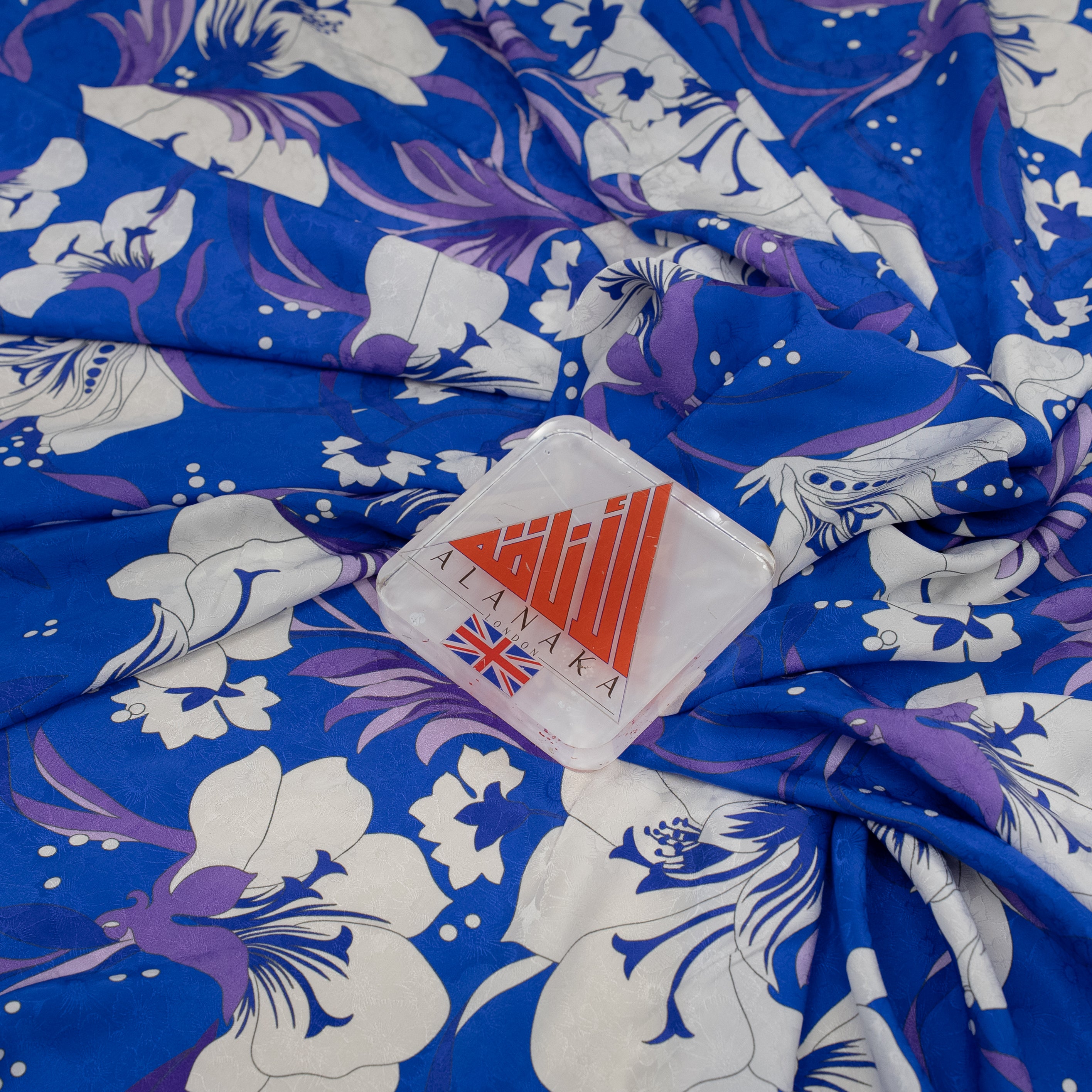 Silk Jacquard - Floral - White Nouveau-inspired Flowers on Cobalt Blue