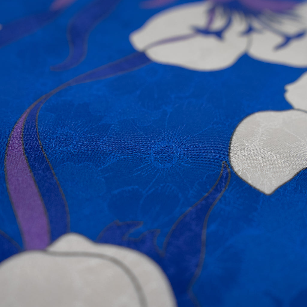 Silk Jacquard - Floral - White Nouveau-inspired Flowers on Cobalt Blue
