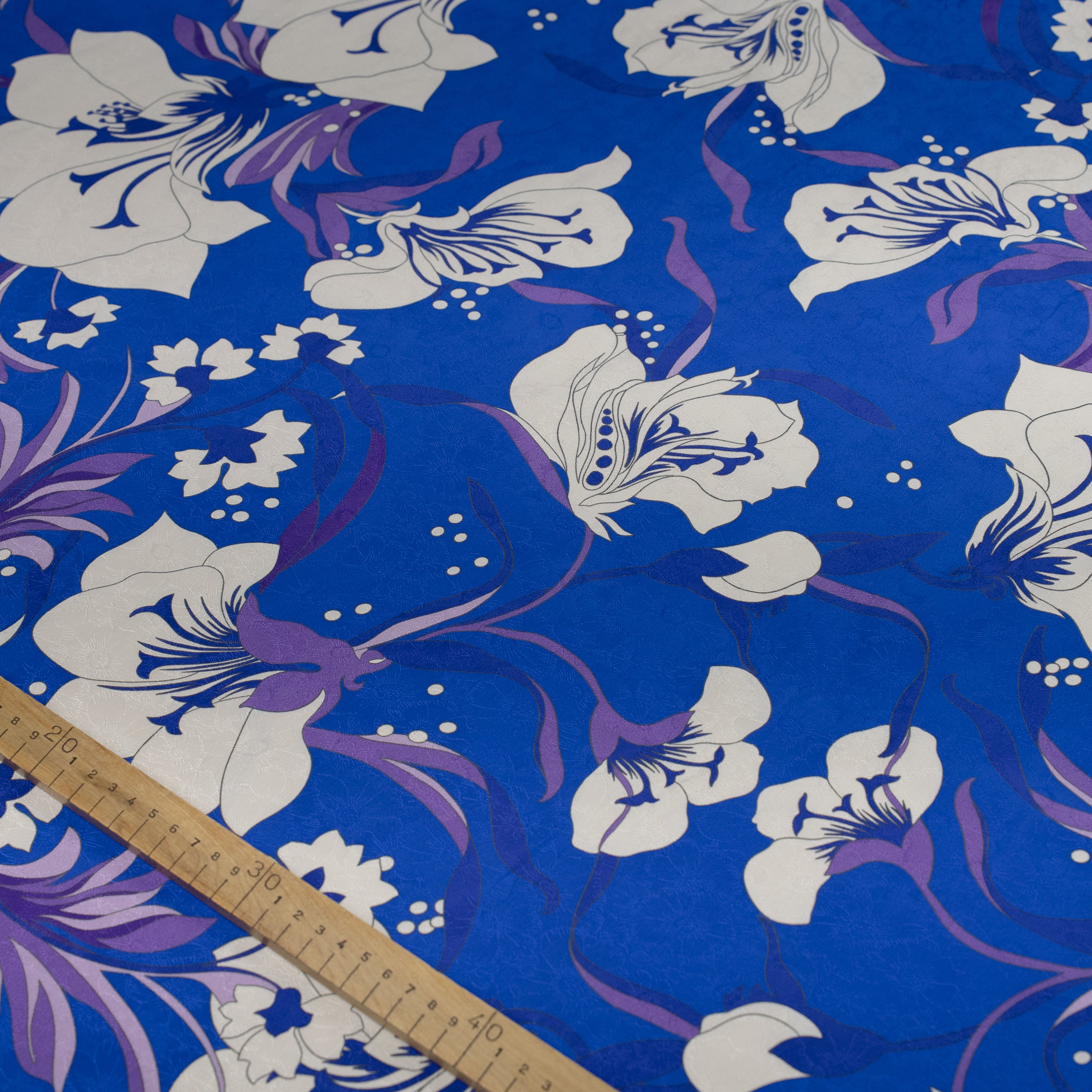 Silk Jacquard - Floral - White Nouveau-inspired Flowers on Cobalt Blue