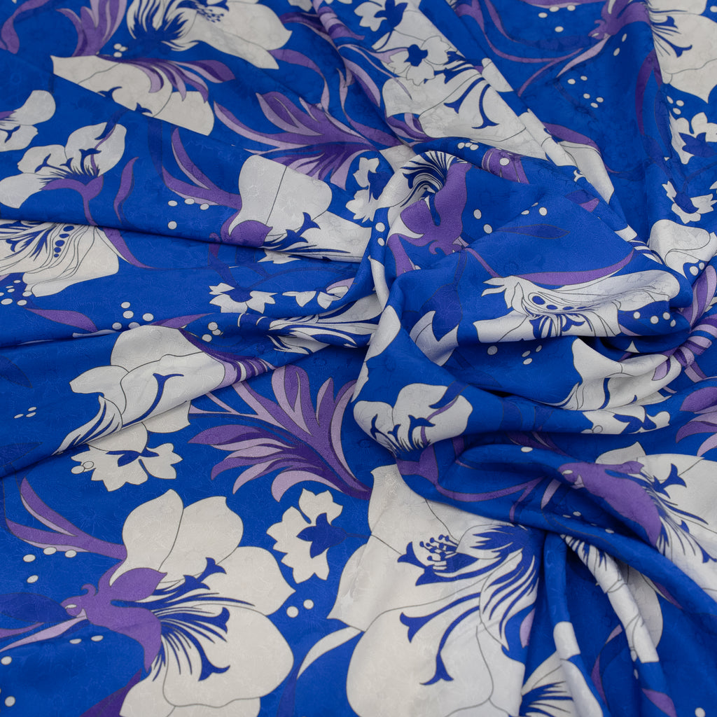 Silk Jacquard - Floral - White Nouveau-inspired Flowers on Cobalt Blue