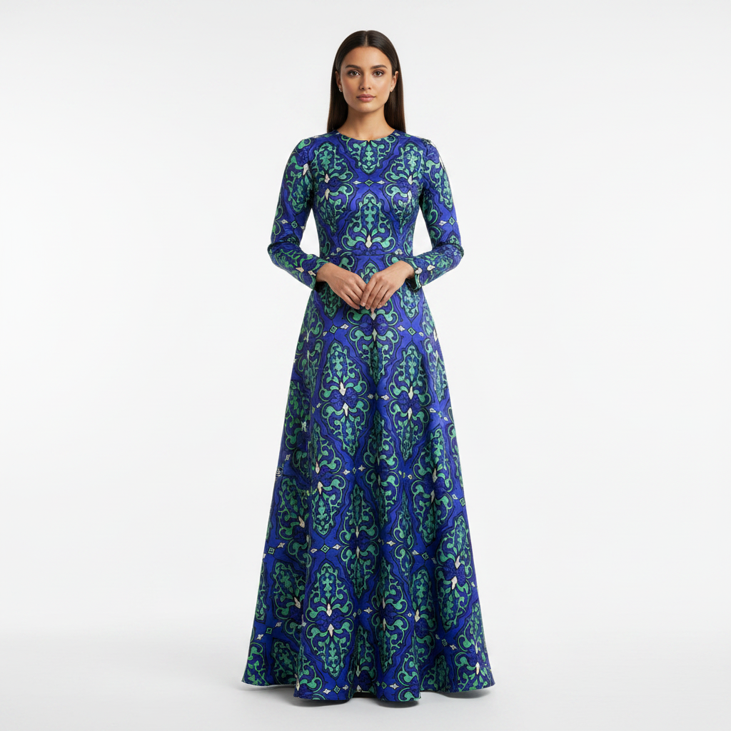 Woman wearing a blue and green patterned dress on a white background